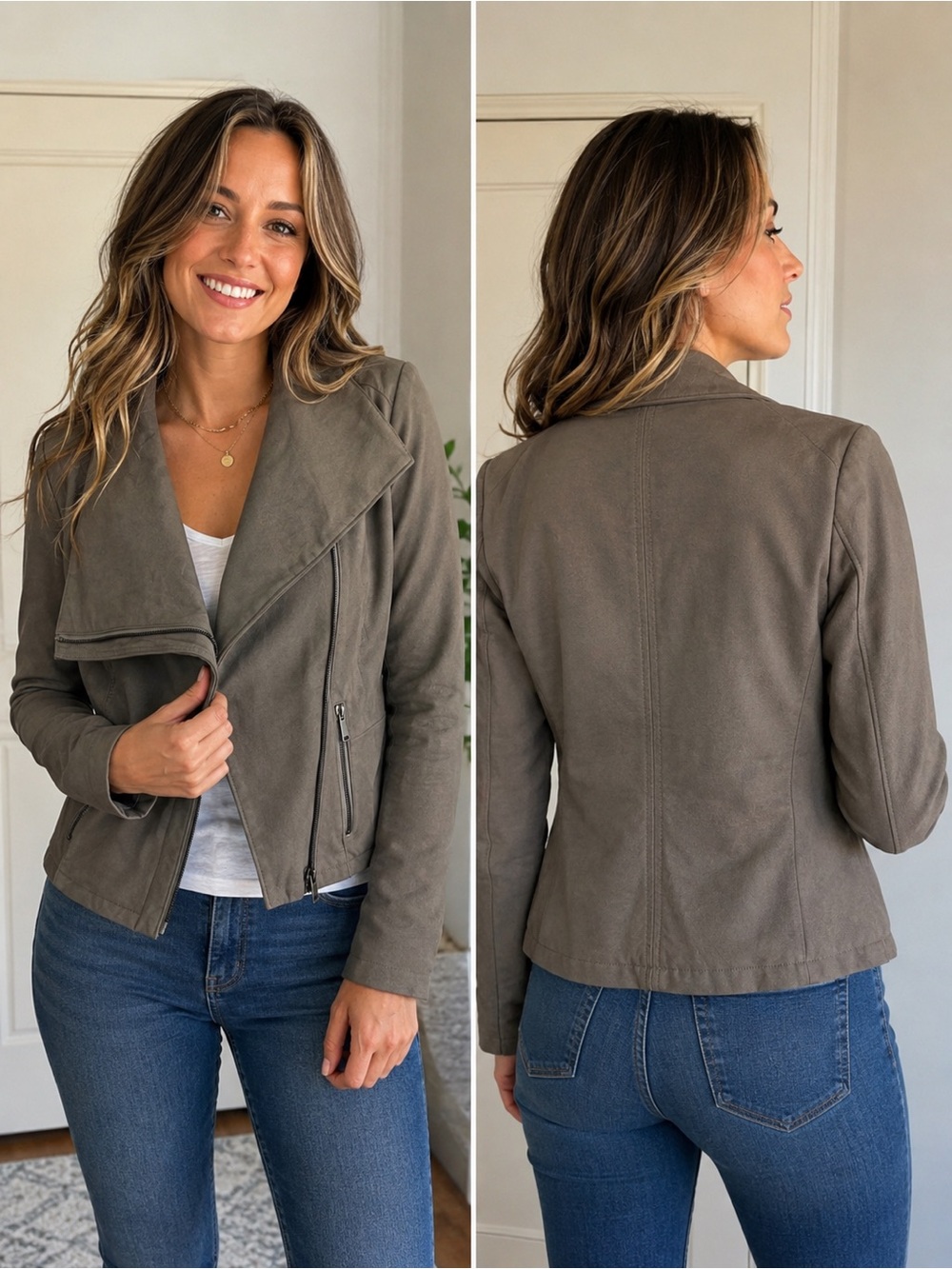 Tahari Faux Leather Moto Jacket Taupe Zip Front Jacket Small